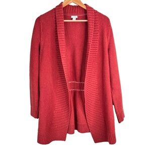 LL BEAN Long Cardigan L Shawl Collar Open Waffle Knit Pumpkin Rust Academia Twee